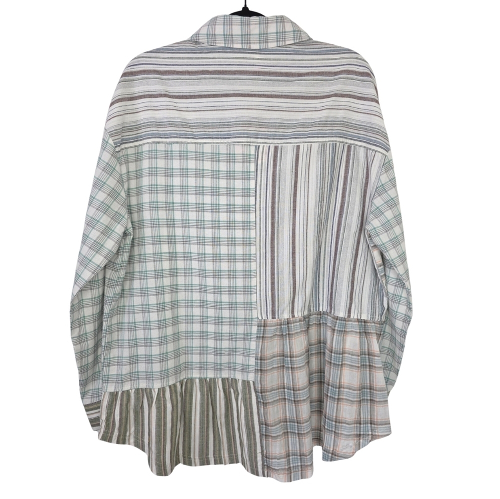 Umgee Plaid Striped Patchwork Ruffle Hem Top Blou… - image 5